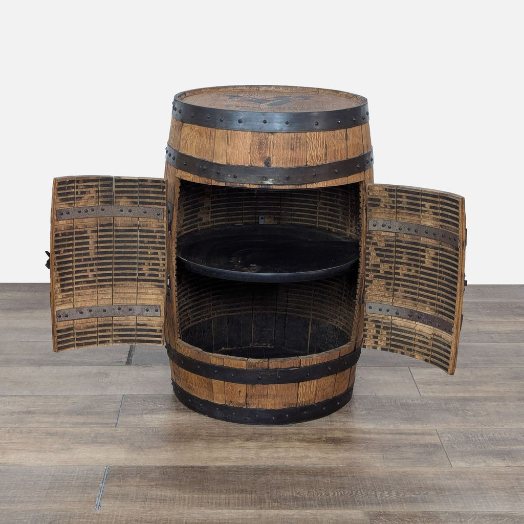 a barrel shaped coffee table with a wicker basket