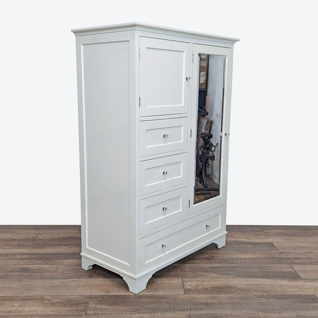 a white refrigerator sitting on top of a wooden floor 