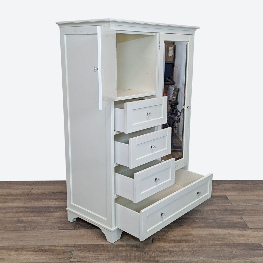 a white cabinet with a black and white dresser 