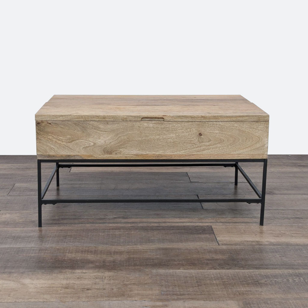 the coffee table is made from solid wood and features a metal base.