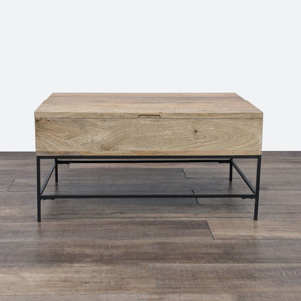 the coffee table is made from solid wood and features a metal base.