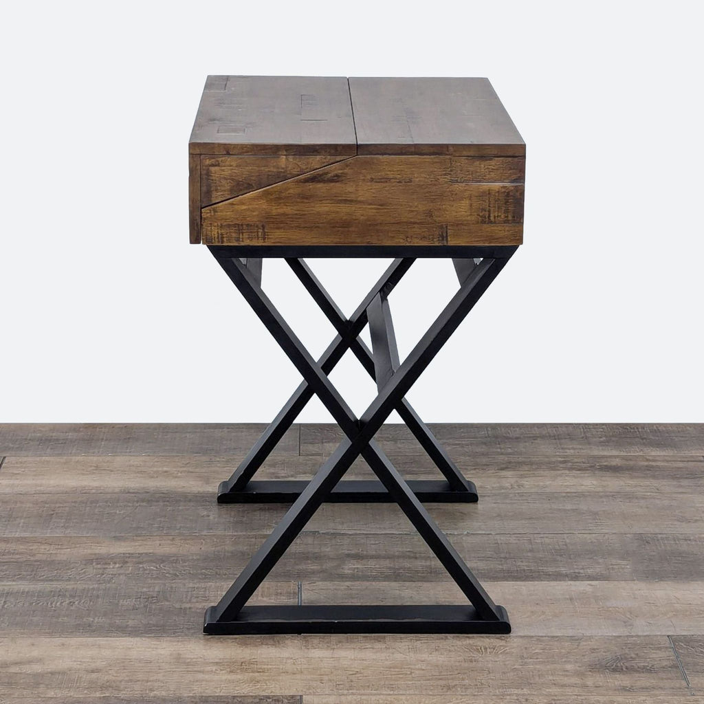 a wooden table with a wooden chair and a wooden table top 