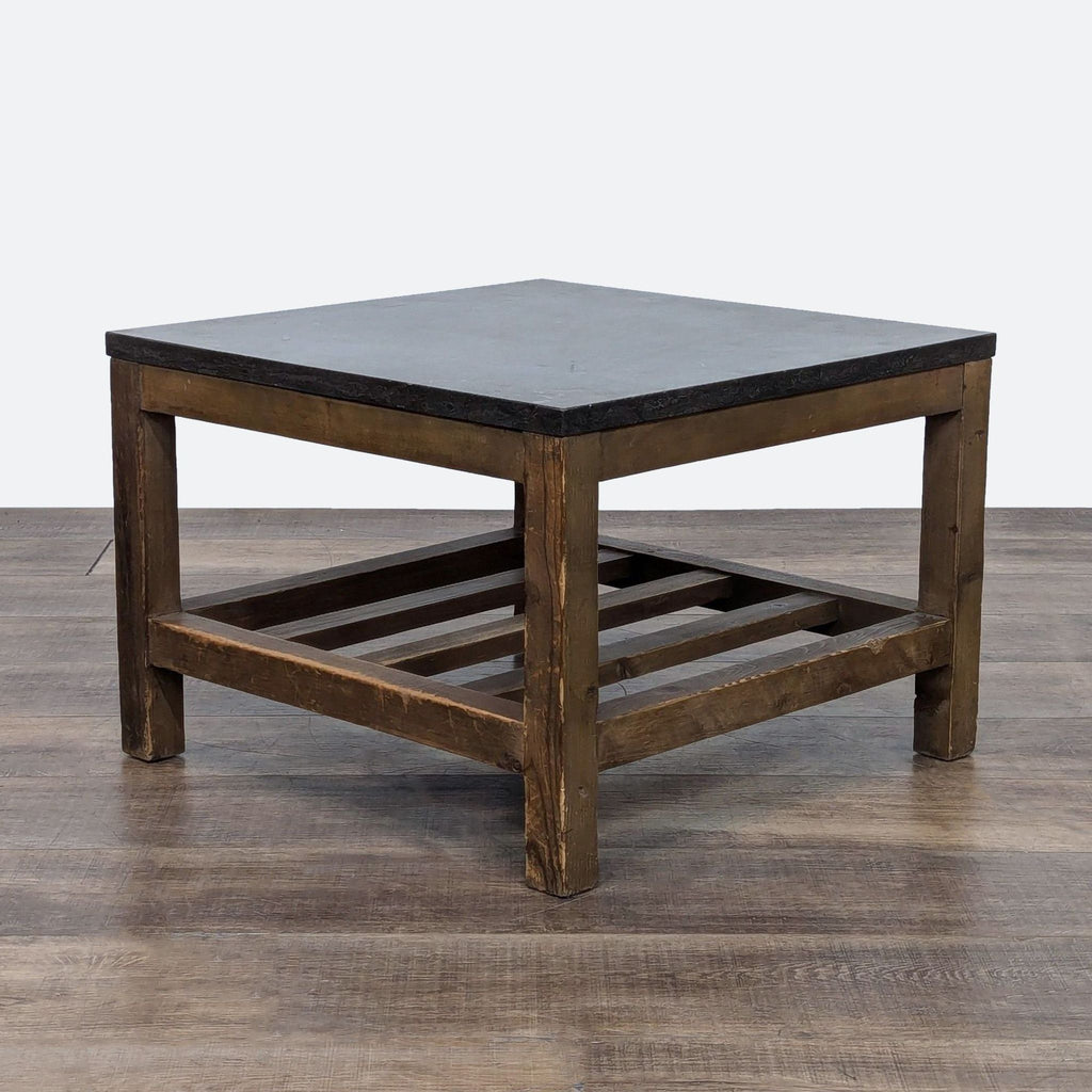 a wooden table with a wooden footstool 