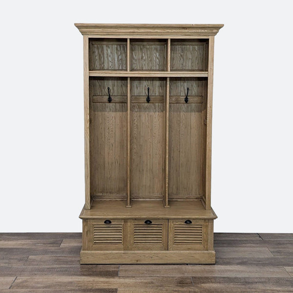 a wooden cabinet with a wooden shelf with a wooden handle 