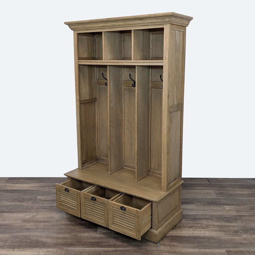 a wooden cabinet with a wooden shelf and a wooden shelf with a wooden shelf 