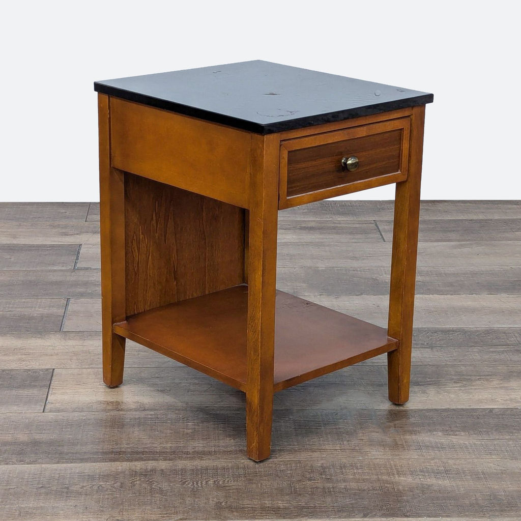 a wooden table with a wooden cabinet and a wooden table cloth 