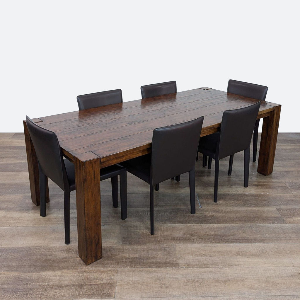 7-Piece Dark Wood Dining Set with 6 Faux Leather Chairs