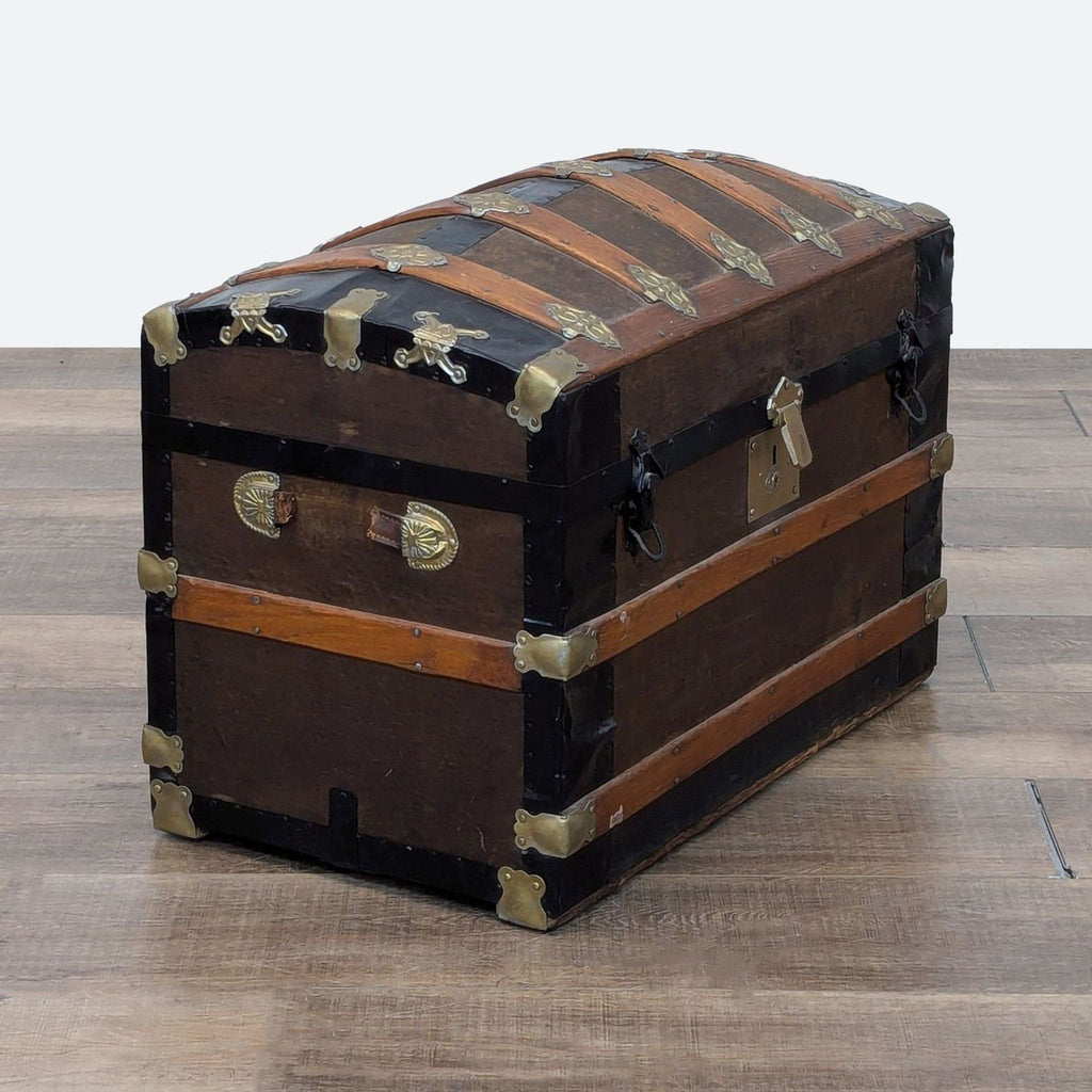 a wooden box with a piece of luggage on it 