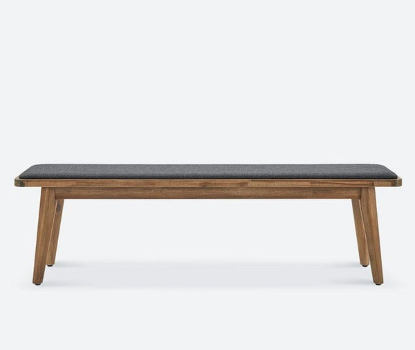 a bench is sitting on a wooden surface 