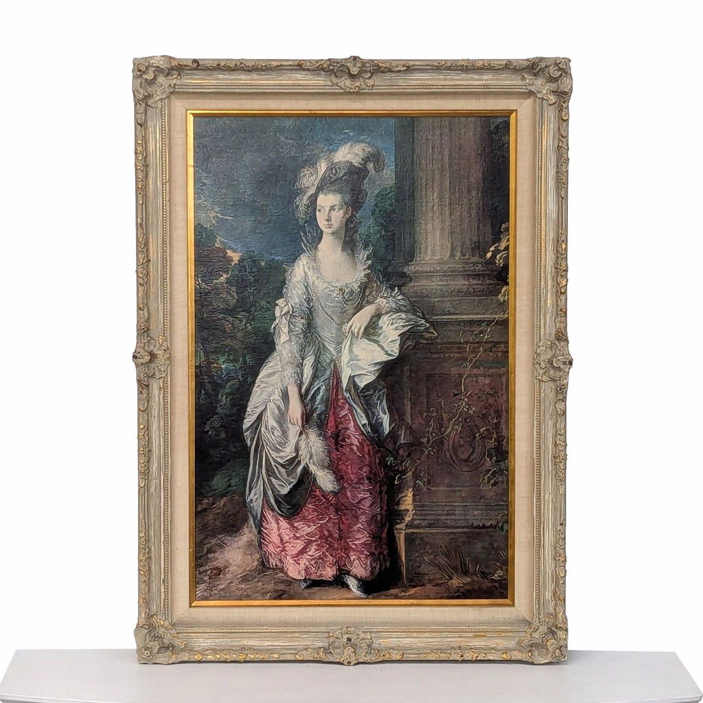 a painting of a woman sitting on a white couch 