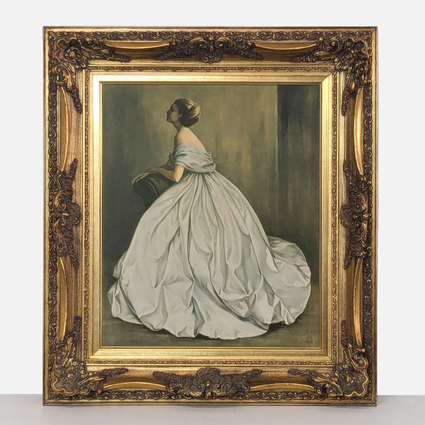 a painting of a woman in a dress with a bow 
