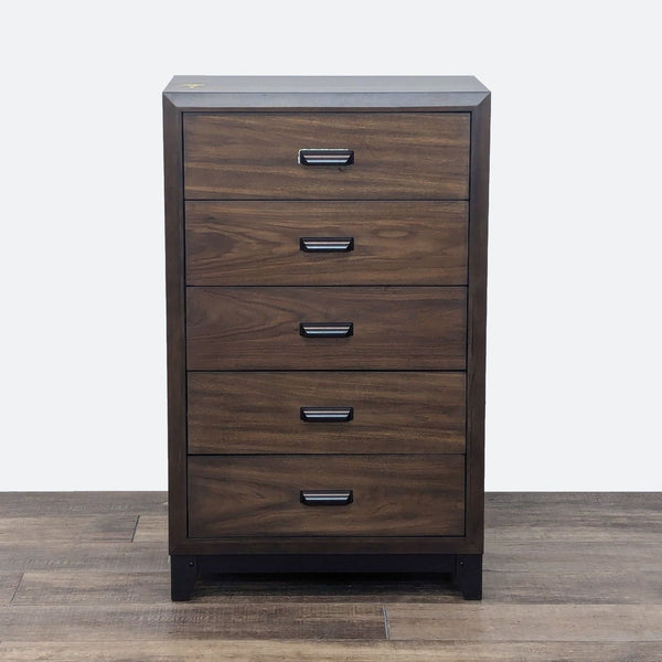 a wooden cabinet with a black and white dresser 