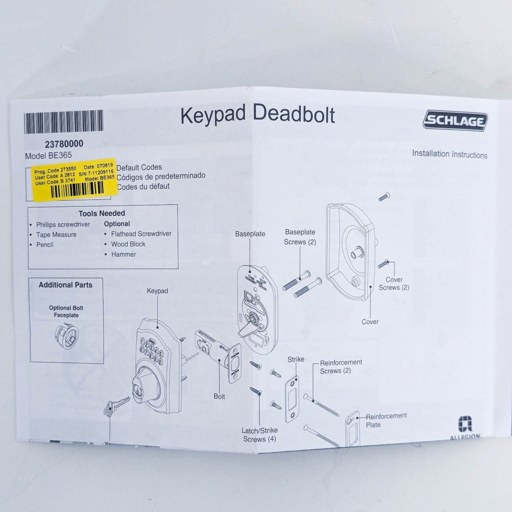 Schlage Camelot BE365 Brass Electronic Keypad Single Cylinder Deadbolt - New In Box