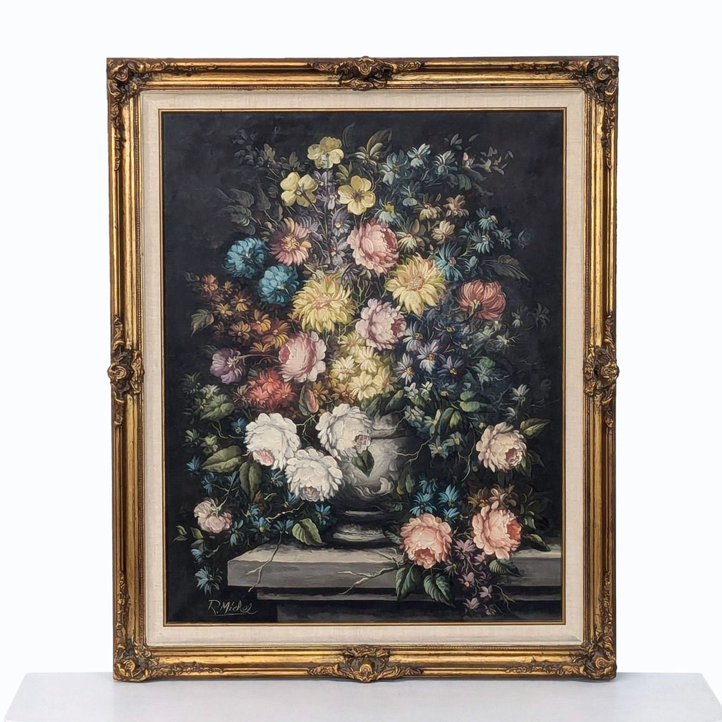 a painting of a woman holding a vase with flowers 