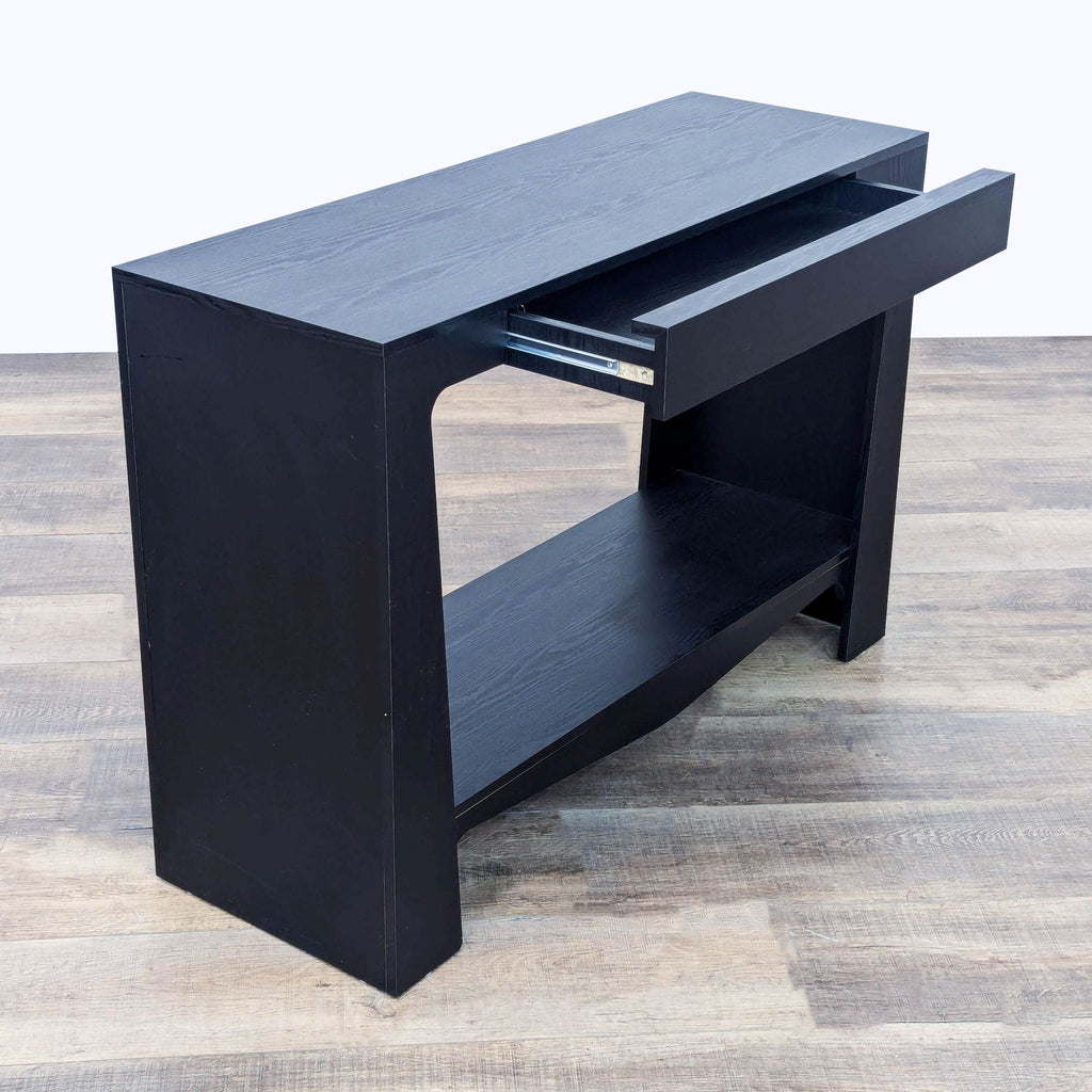 a wooden cabinet with a black and white cabinet 