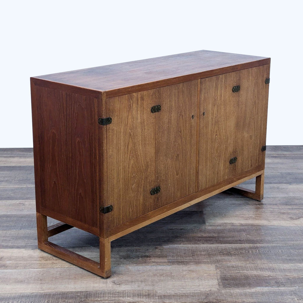 a wooden table with a wooden head board 