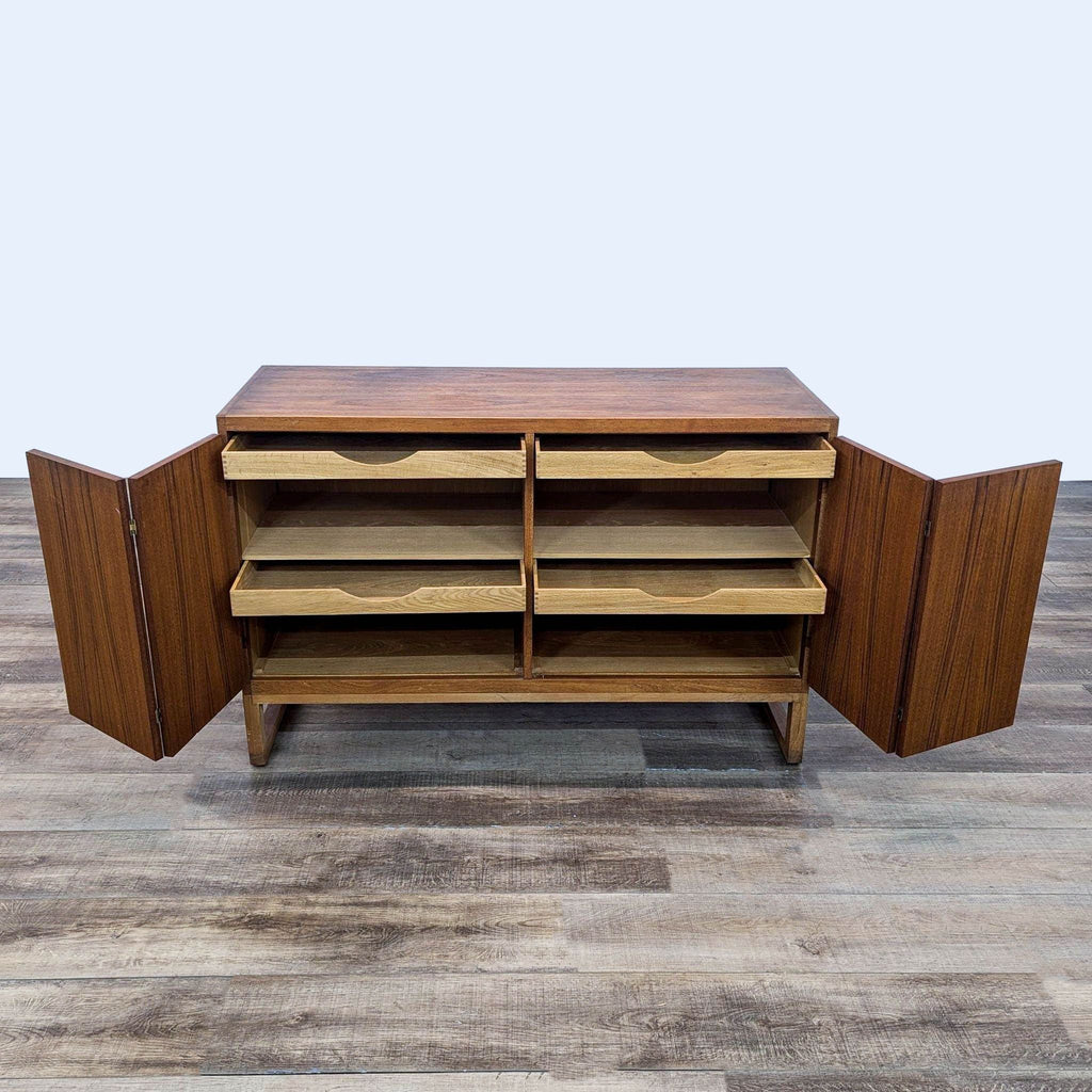 a wooden shelf with a wooden cabinet and a wooden chair 
