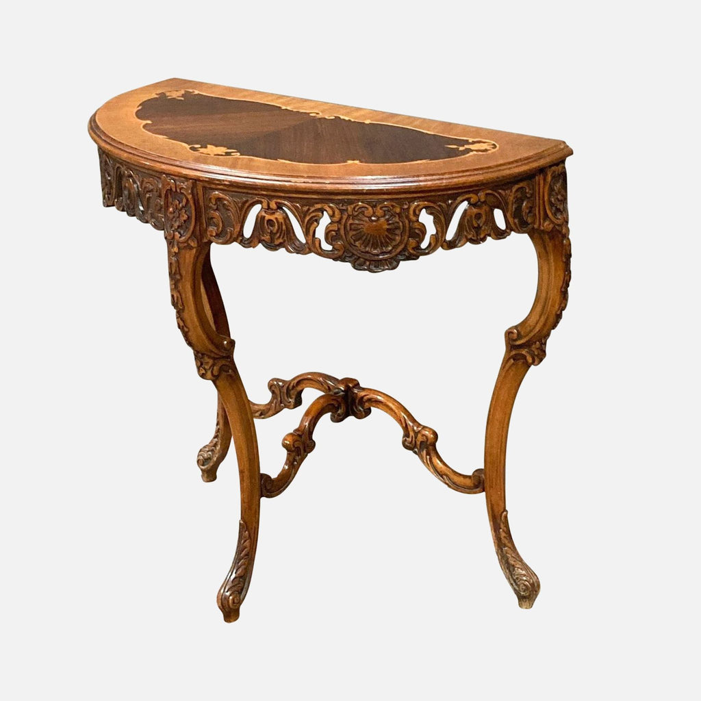 a wooden bench with a wooden headboard 