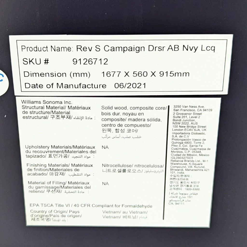 Williams Sanoma Campaign 6 Drawer Dresser In Navy