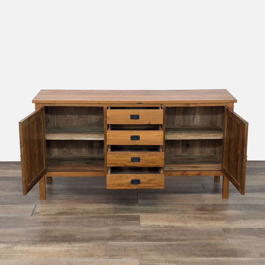 a wooden cabinet with a wooden table and a wooden chair 