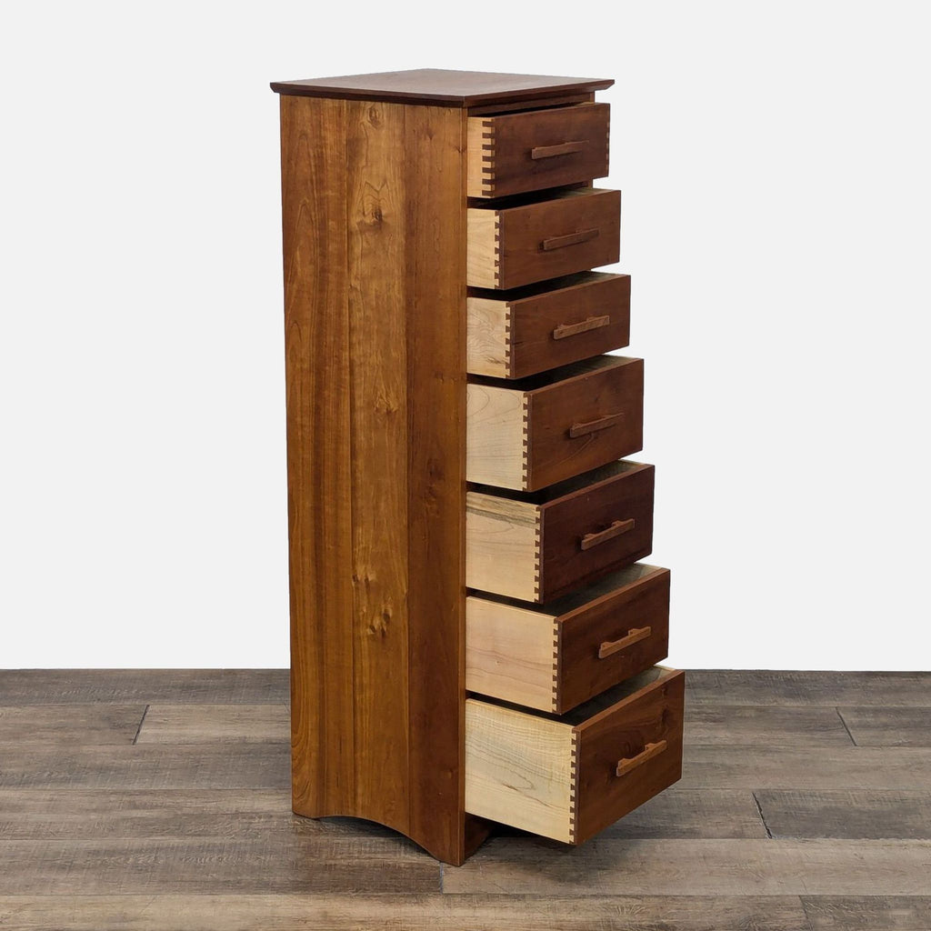 a wooden shelf with a wooden trunk and a wooden box 