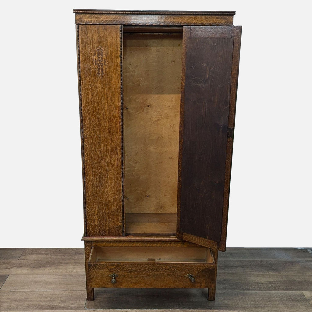 a wooden cabinet with a wooden head board 
