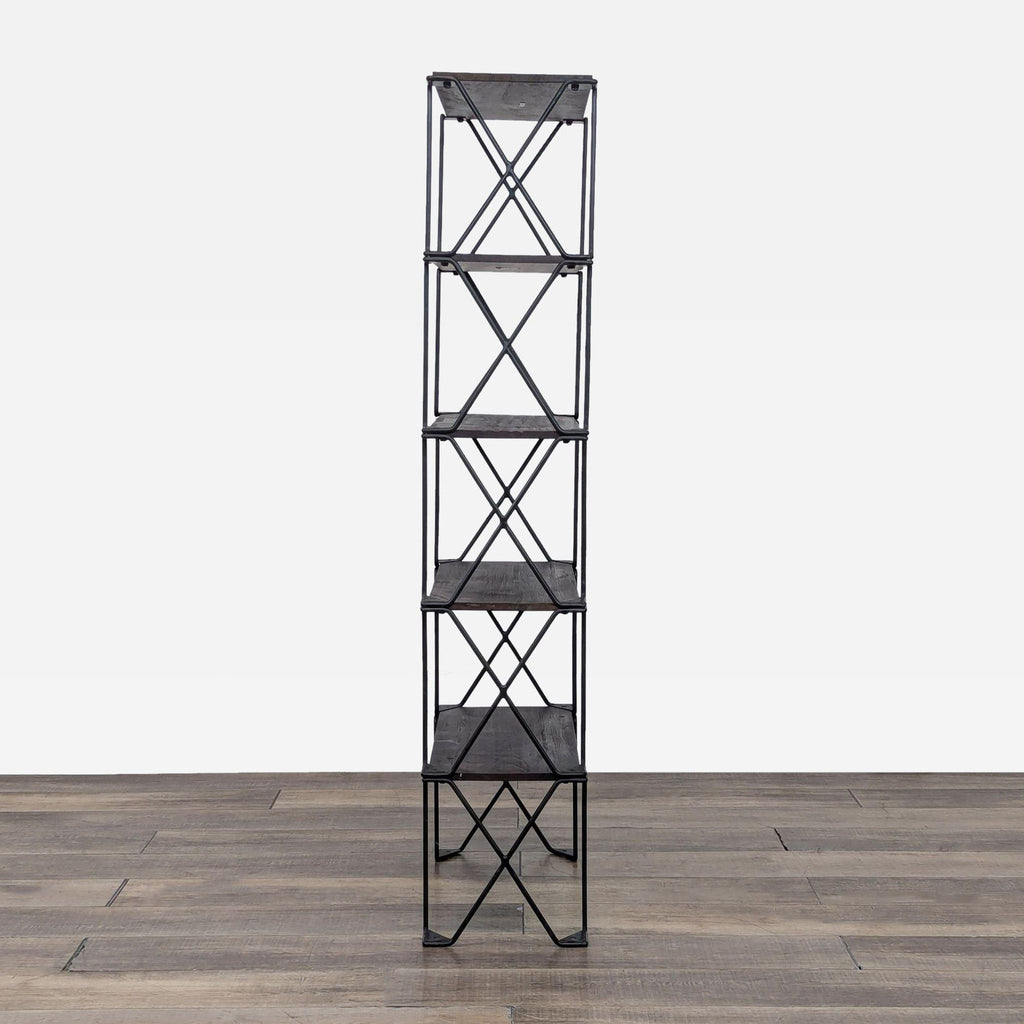 a wooden shelf with a black and white vase on top 