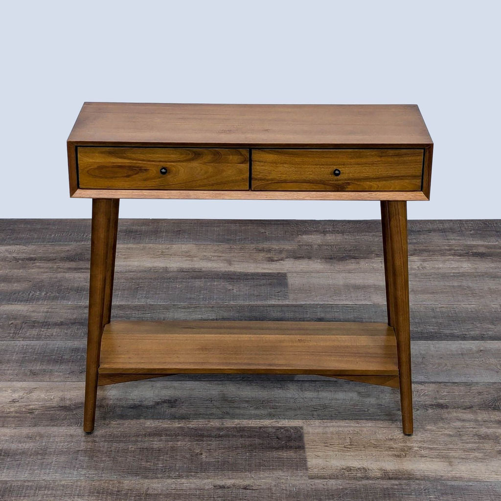 a wooden table with a wooden head board 