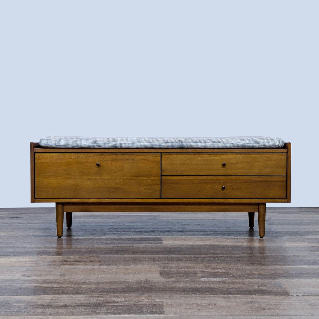 a wooden bench with a wooden floor 