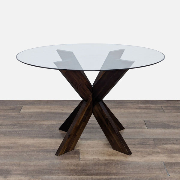 a wooden table with a white table cloth 