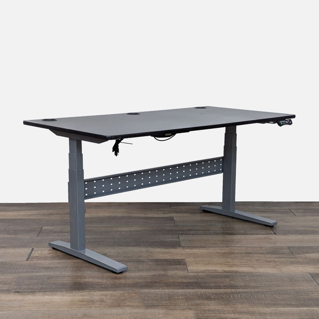 a wooden table with a black chair on top of it 