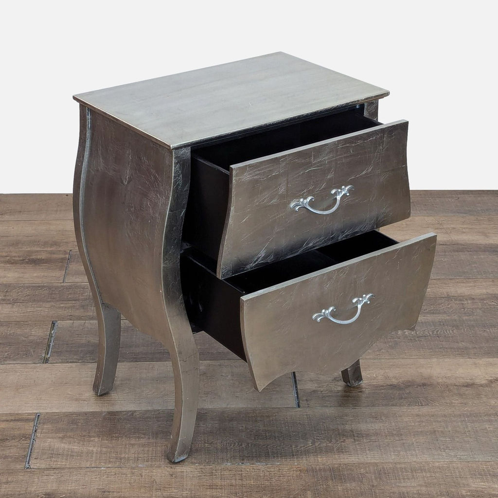 a wooden cabinet with a wooden floor and a black and white wooden chair 