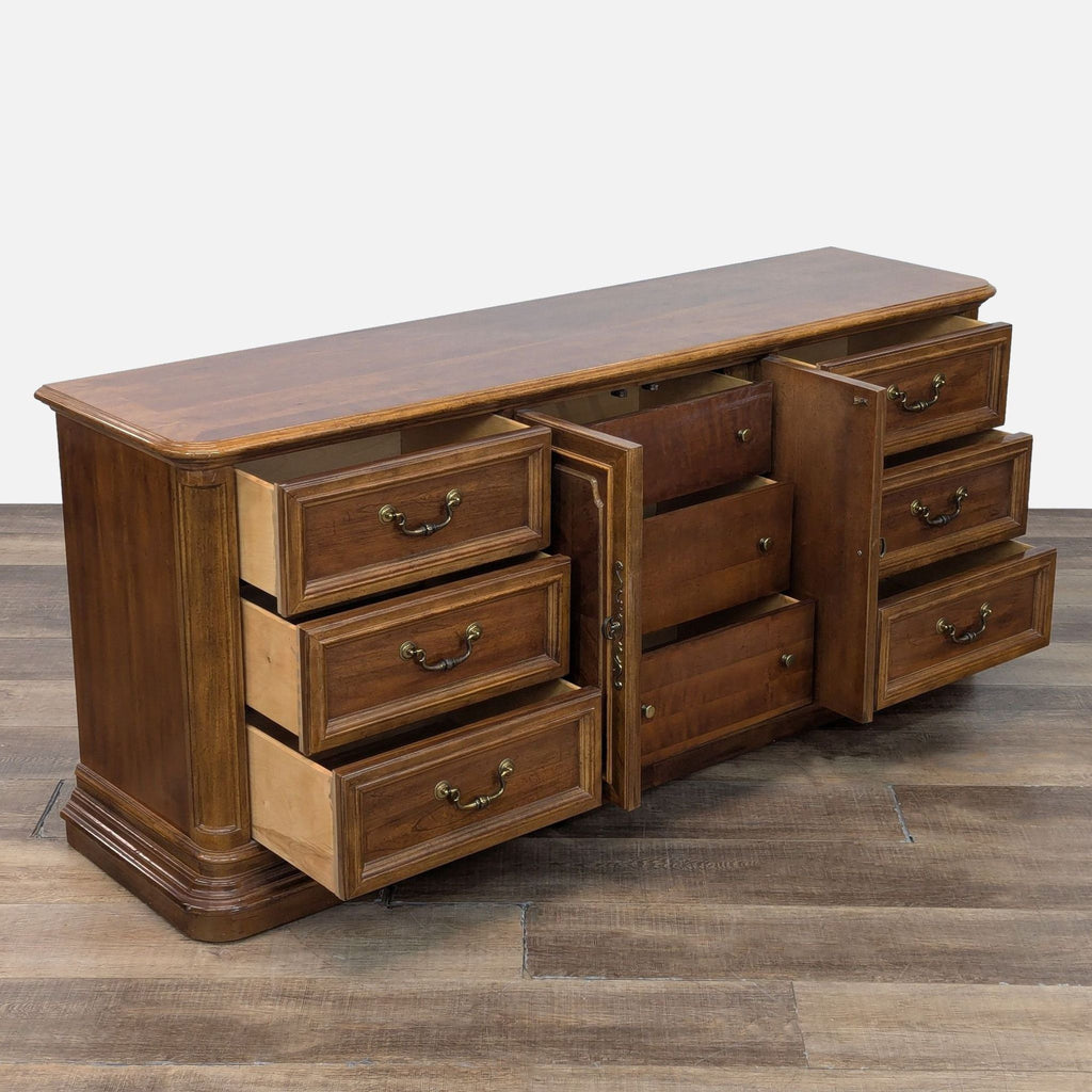 a wooden cabinet with a wooden head board 