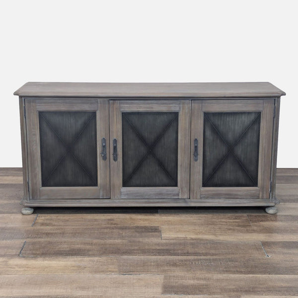 a wooden cabinet with a black and white cabinet 