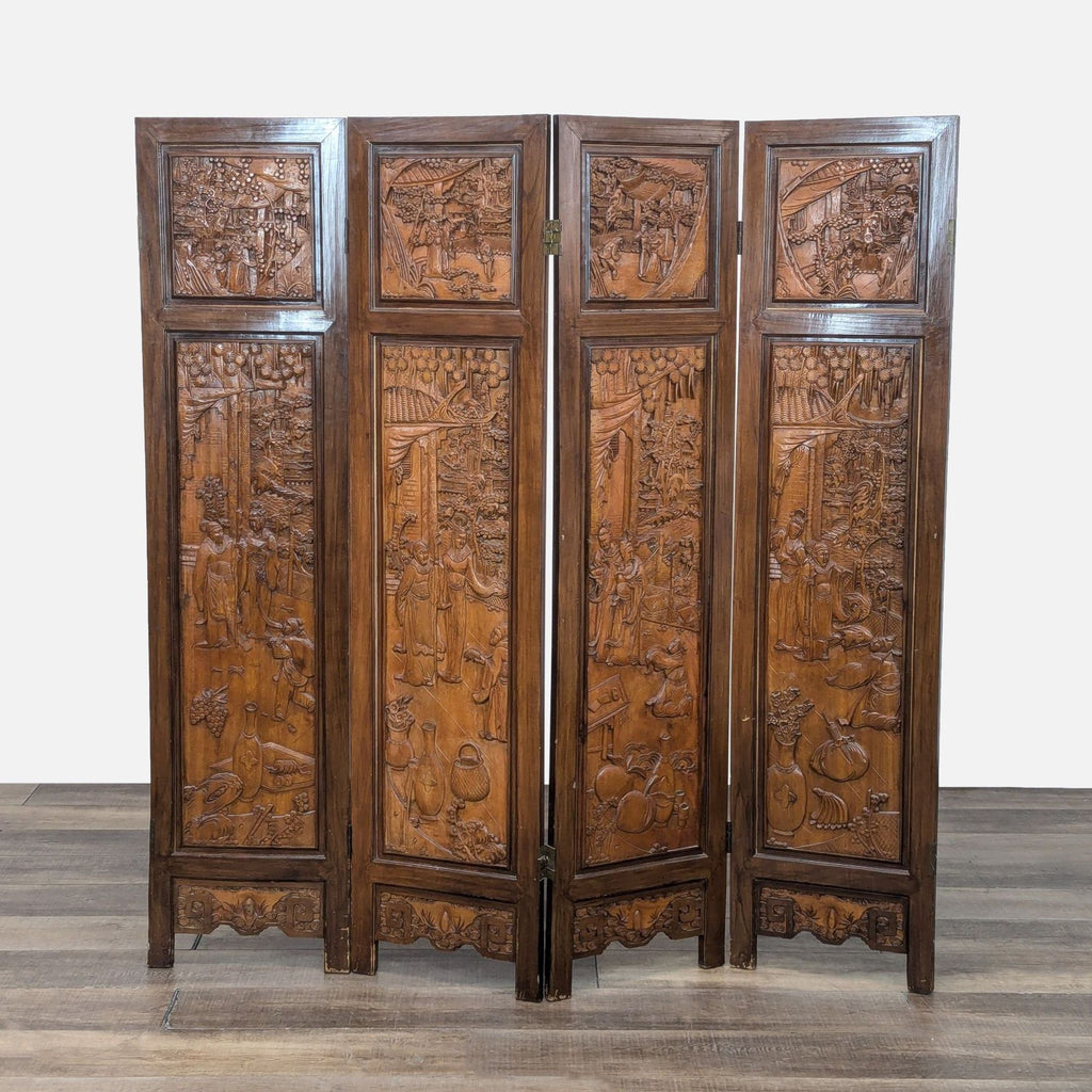 1. Ornate wooden folding screen with detailed carved panels depicting figures, scenes, and intricate designs.