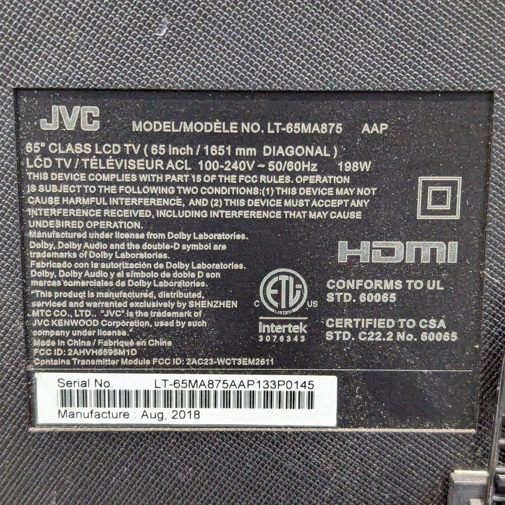 JVC 65" Flat Screen TV