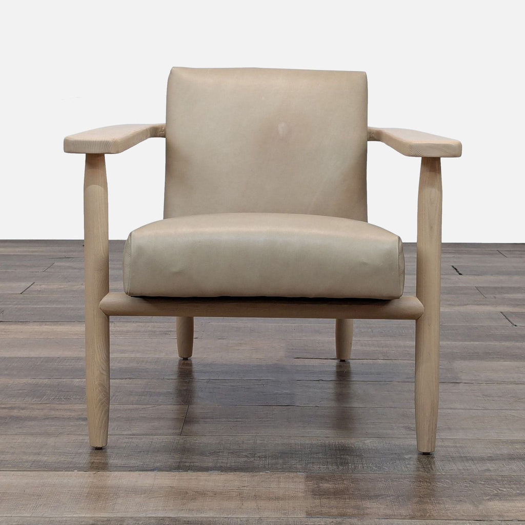Front view of the Arnett chair with wood frame and leather upholstery.