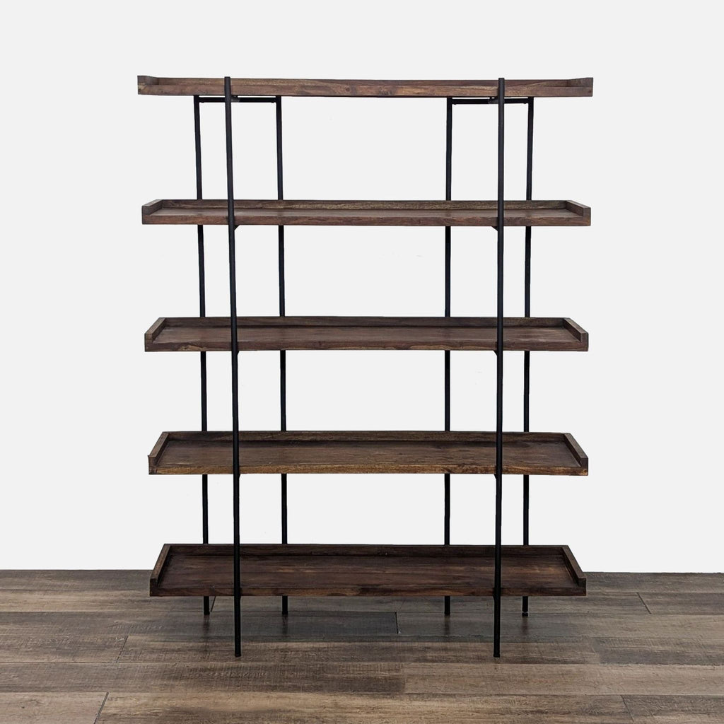1. Mango wood shelves on black iron frame, showcasing a modern open bookshelf design.