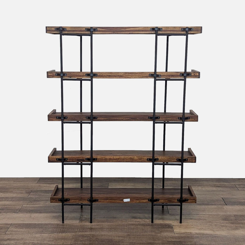 3. Back view of the bookshelf, revealing the intricate mango wood grain and iron frame connection.