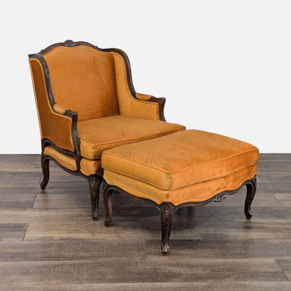 Vintage French Provincial lounge chair and ottoman with carved wood and gold upholstery.