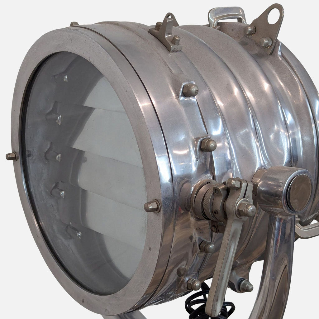 Close-up of an adjustable metal spotlight from Restoration Hardware's floor lamp.