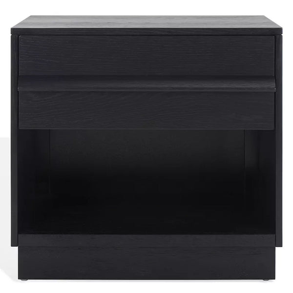 1. Black Reperch end table features a single drawer and open shelf, front view displayed.
