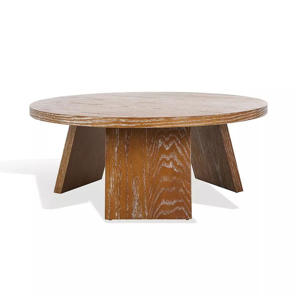 1. Reperch round wooden coffee table with angled panel legs, showing a modern rustic design.