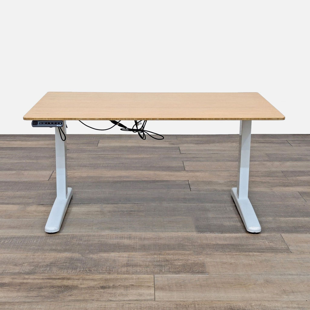 a table with a wooden table top on it 