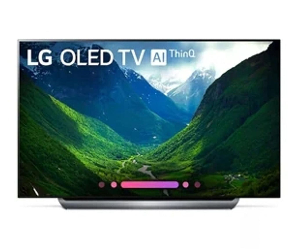 1. Front view of the Reperch OLED TV with AI ThinQ, showing vivid colors and a mountain scene on screen.