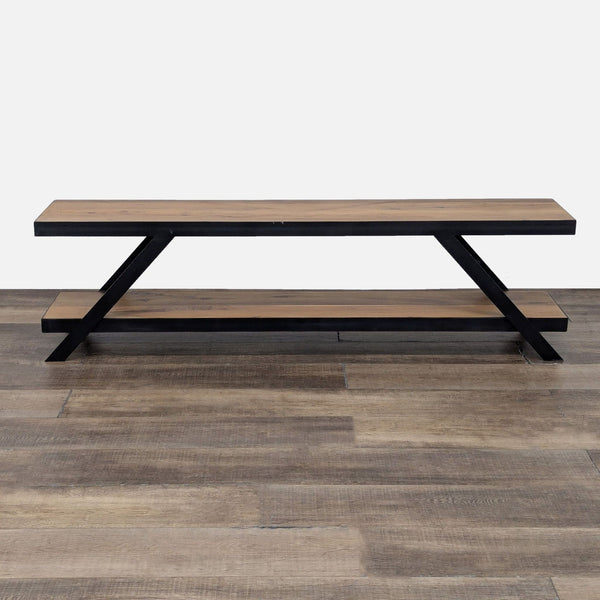 a bench on a wooden floor 