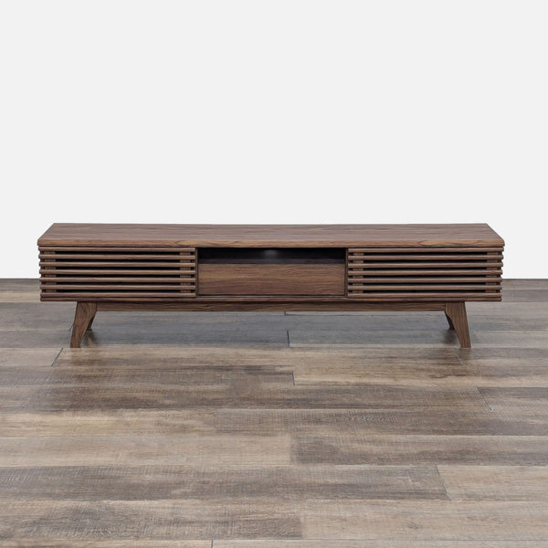 a wooden bench sitting on top of a floor 