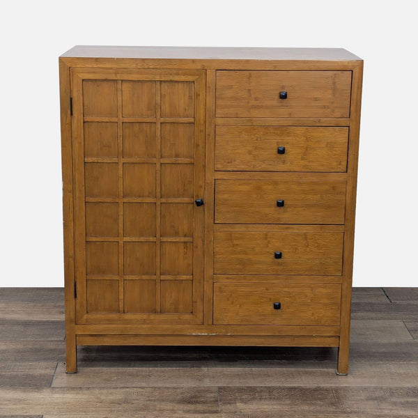 a wooden cabinet with a wooden head board 