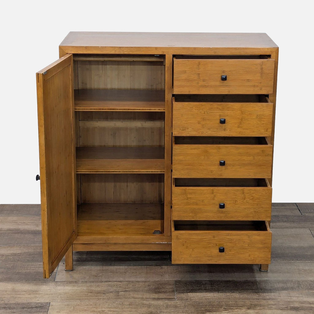 a wooden cabinet with a wooden shelf and a wooden table 