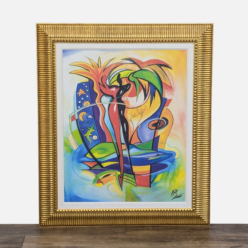 Framed giclee canvas art by Alfred Gockel titled “Cosmic Gecko,” featuring abstract, vibrant colors.